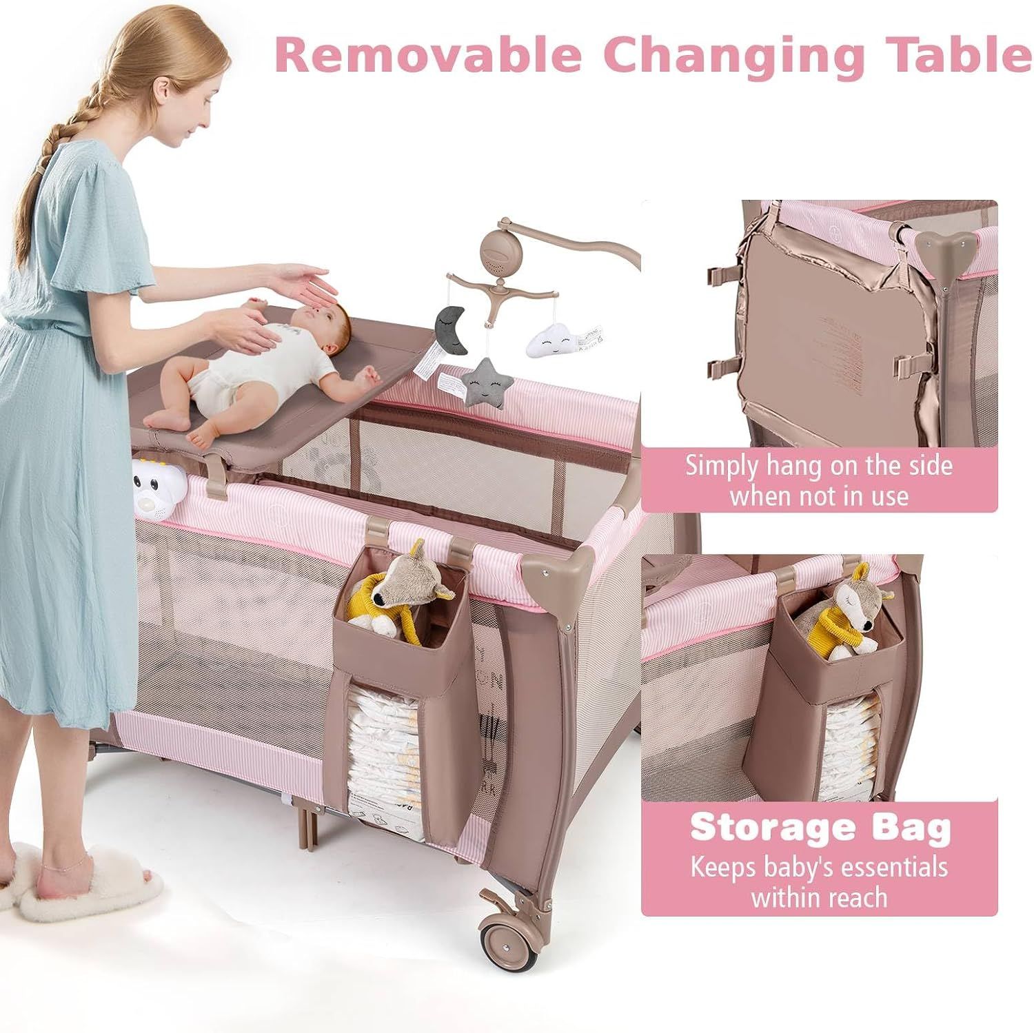 3-in-1 Baby Travel Cot with Bassinet, Changing Table, Mattress &amp; Toy Bar, Light Grey