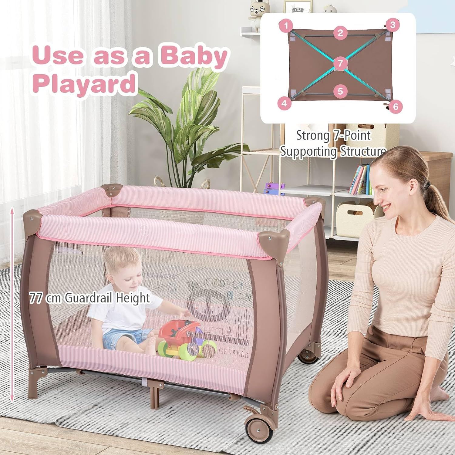 3-in-1 Baby Travel Cot with Bassinet, Changing Table, Mattress &amp; Toy Bar, Light Grey