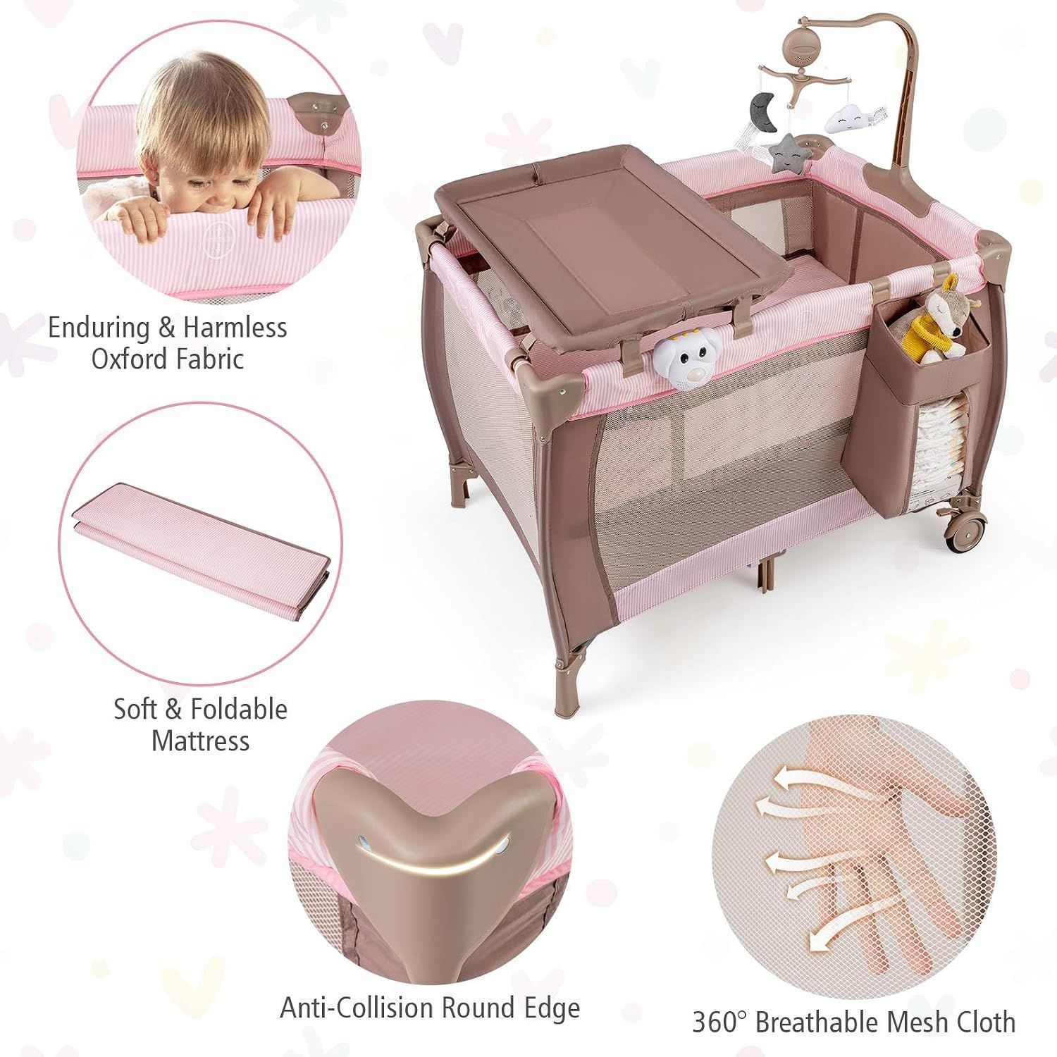3-in-1 Baby Travel Cot with Bassinet, Changing Table, Mattress &amp; Toy Bar, Light Grey