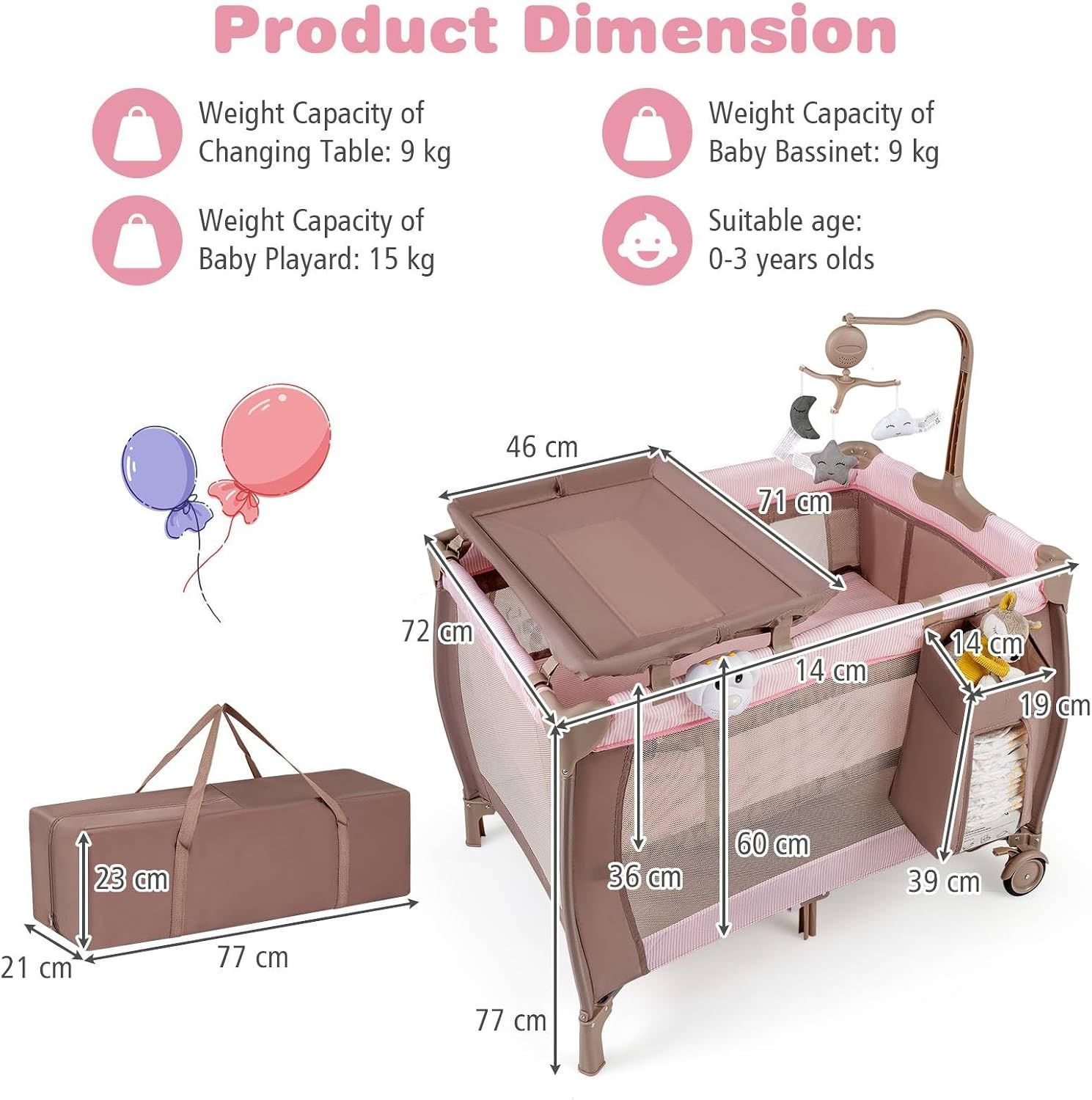 3-in-1 Baby Travel Cot with Bassinet, Changing Table, Mattress &amp; Toy Bar, Light Grey