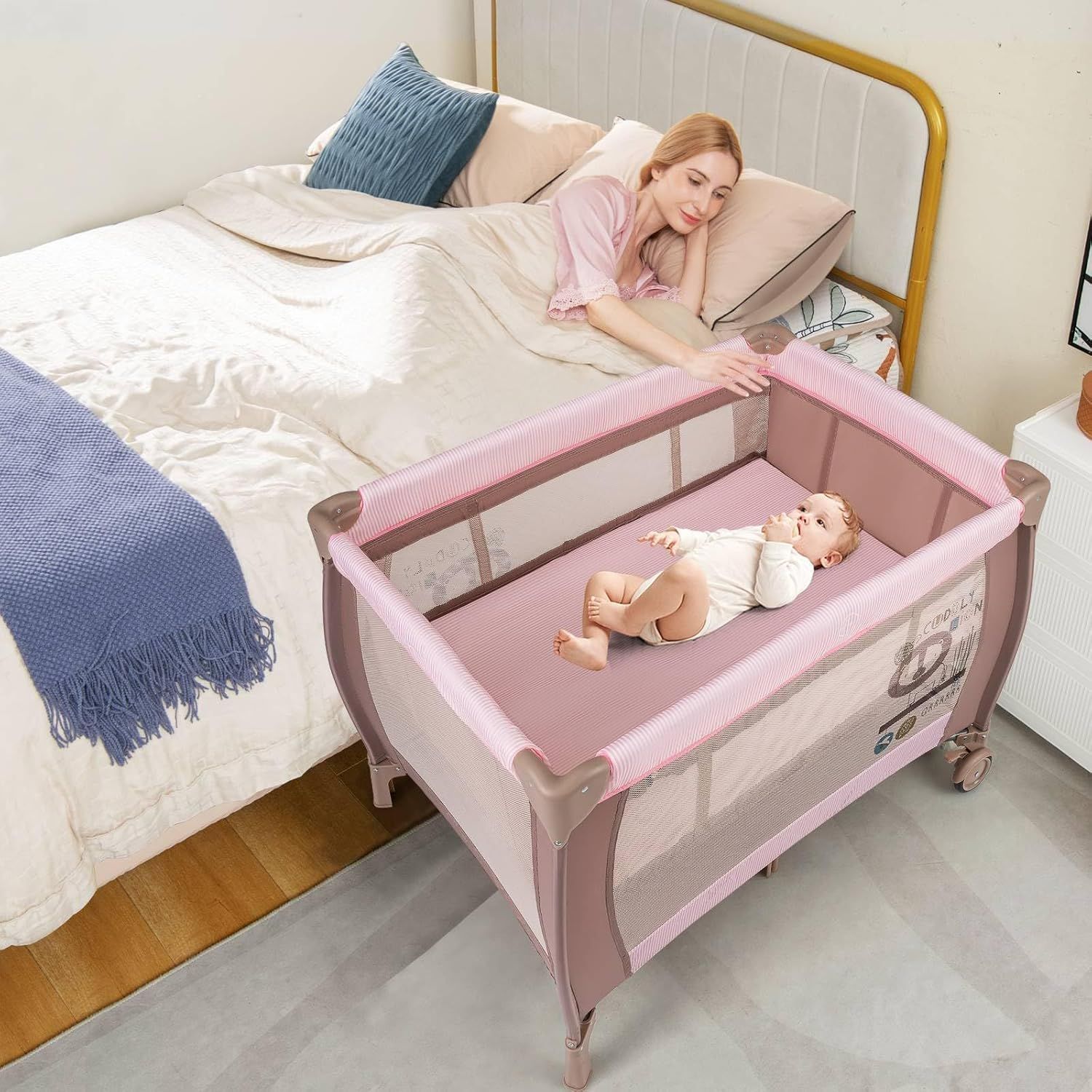 3-in-1 Baby Travel Cot with Bassinet, Changing Table, Mattress &amp; Toy Bar, Light Grey