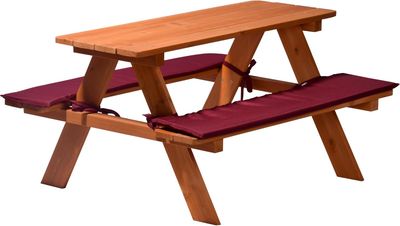 Kids Picnic Table &amp; Bench Set, Fir Wood, Seat Covers, Brown/Red, 89 × 79 × 50 cm