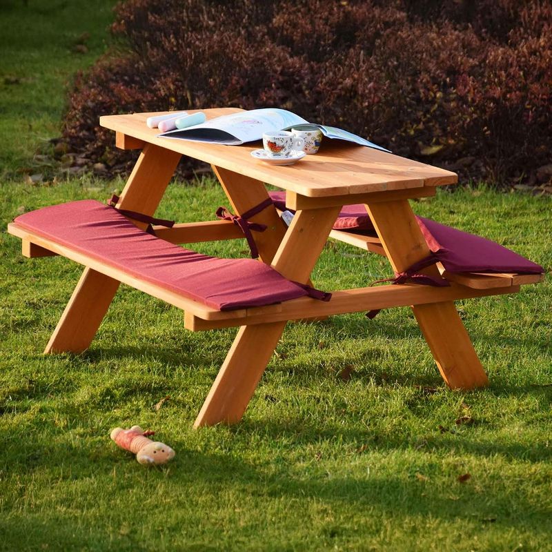 Kids Picnic Table &amp; Bench Set, Fir Wood, Seat Covers, Brown/Red, 89 × 79 × 50 cm