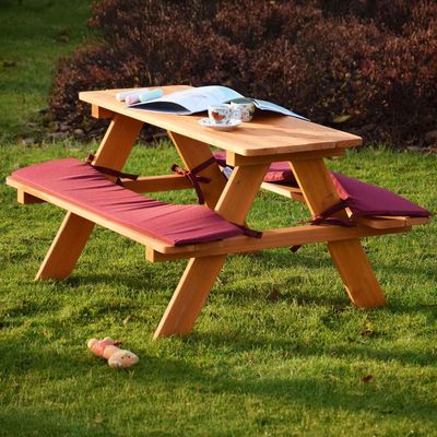 Kids Picnic Table &amp; Bench Set, Fir Wood, Seat Covers, Brown/Red, 89 × 79 × 50 cm