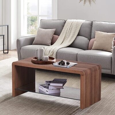 Coffee Table Wood Style Rectangular Side End Table TV Unit with Glass Storage Shelf for Living Room Office Furniture,Brown