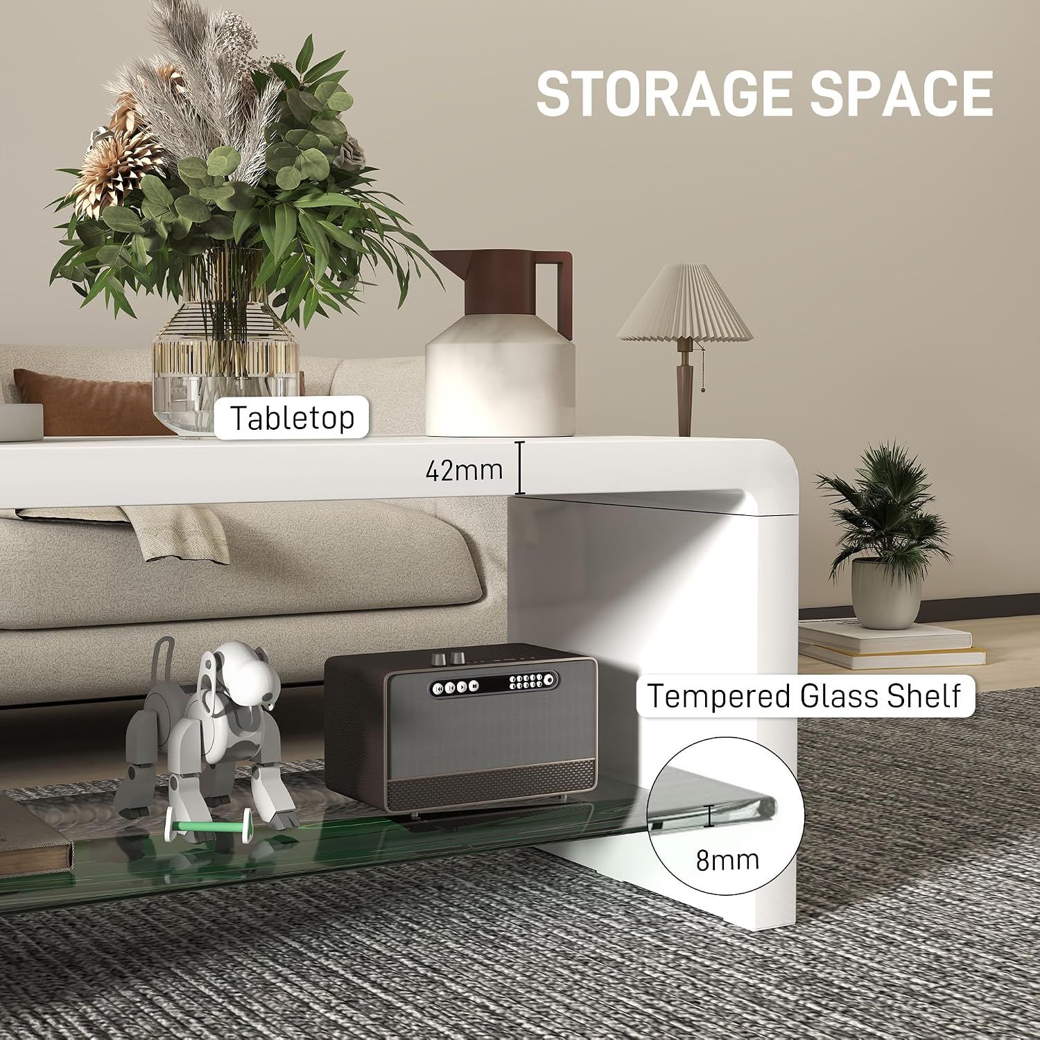 High Gloss White Coffee Table with Glass Shelf 2 Tier Storage 100cm