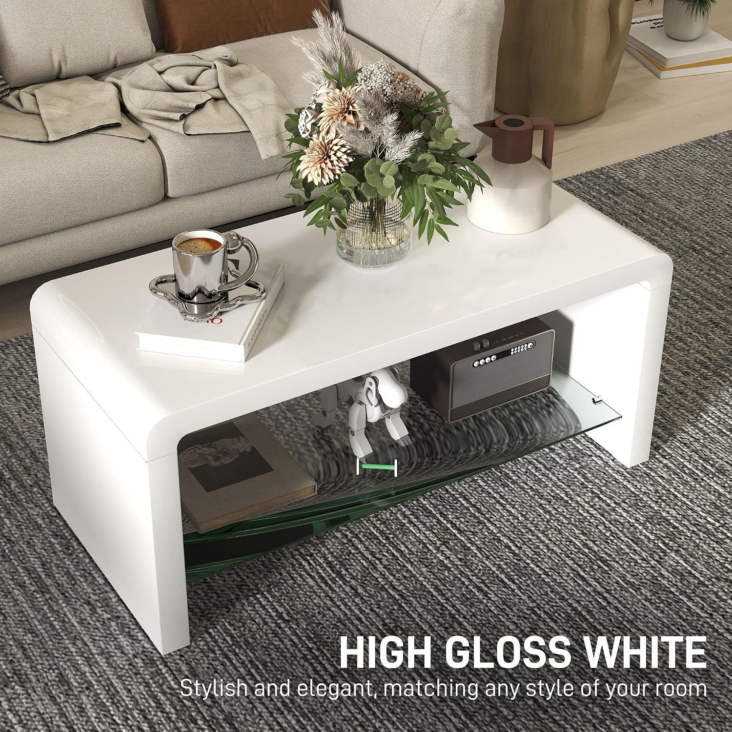 High Gloss White Coffee Table with Glass Shelf 2 Tier Storage 100cm