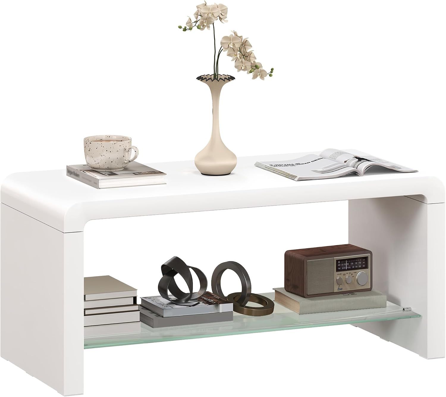 High Gloss White Coffee Table with Glass Shelf 2 Tier Storage 100cm
