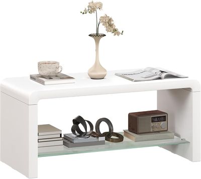 High Gloss White Coffee Table with Glass Shelf 2 Tier Storage 100cm