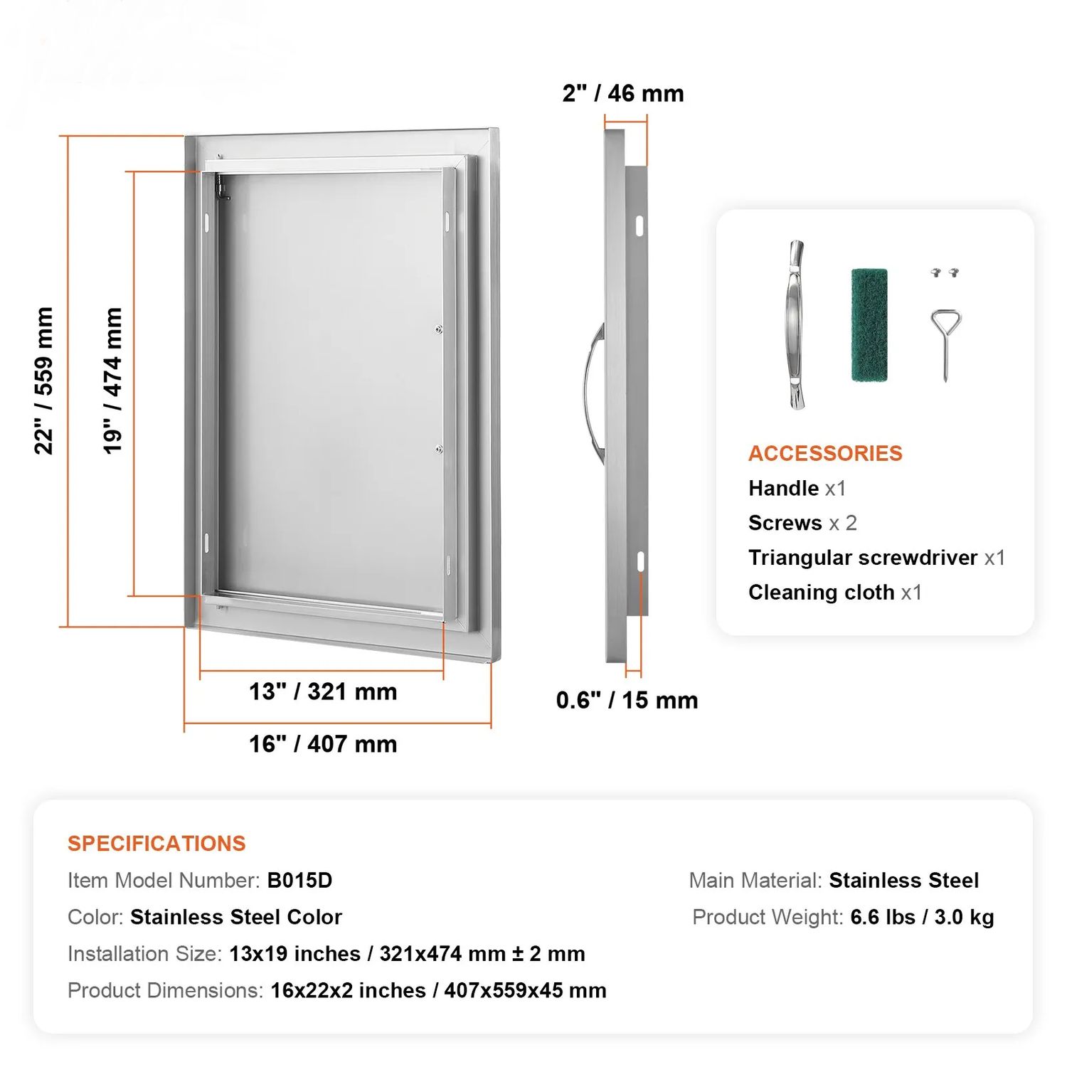Stainless Steel BBQ Access Door – 16 x 22 Inch, Reversible Left/Right Opening