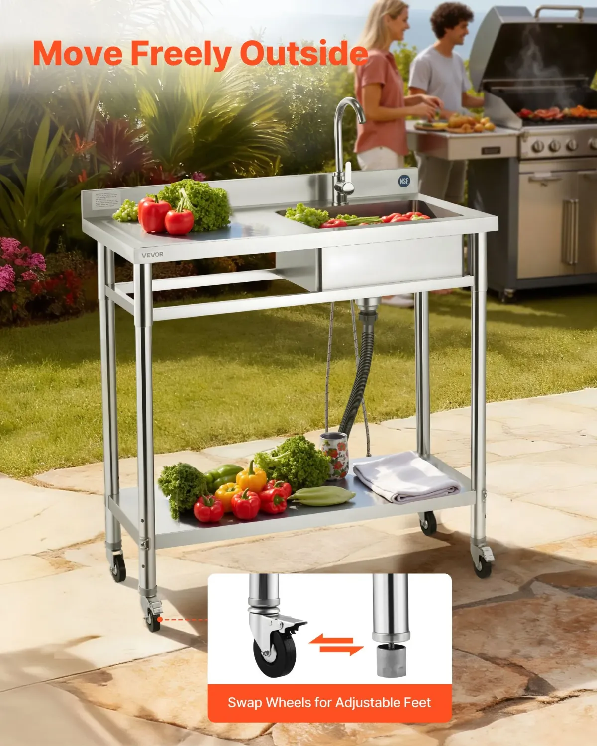 Stainless Steel Utility Sink with Wheels &amp; Faucet