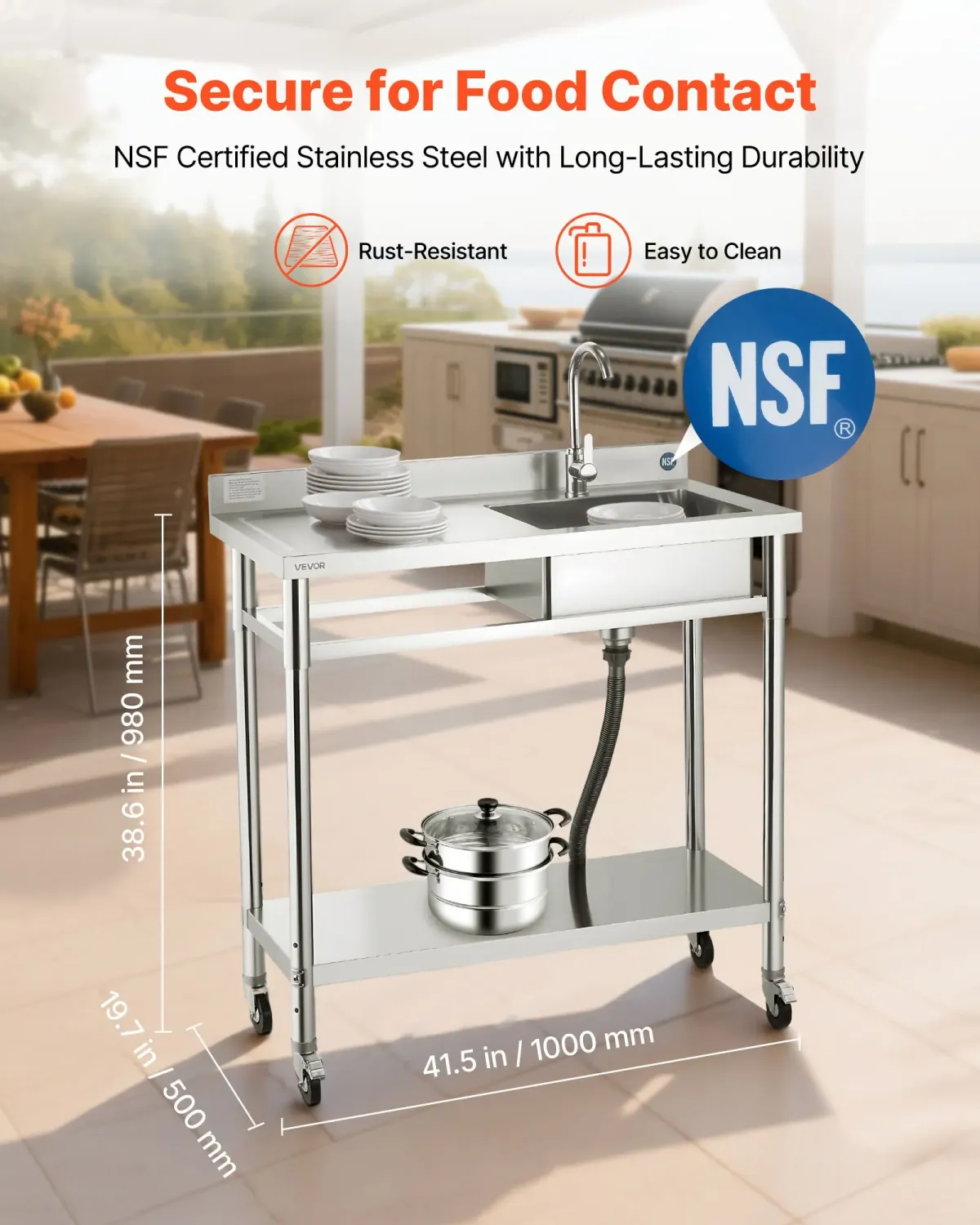 Stainless Steel Utility Sink with Wheels &amp; Faucet