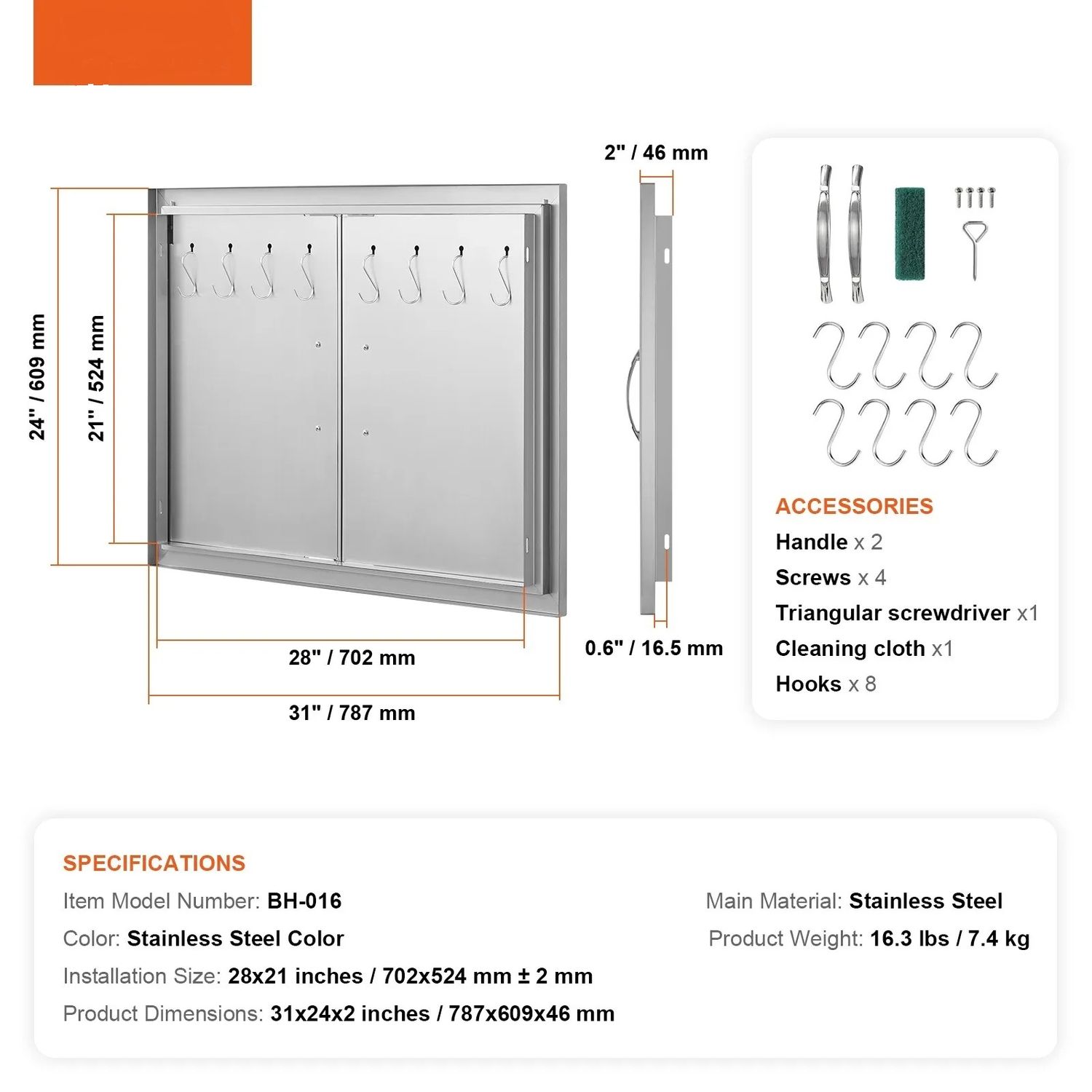 BBQ Kitchen Stainless Steel Double-Walled Door – 24"H x 31"W for Durable Outdoor Kitchen Storage