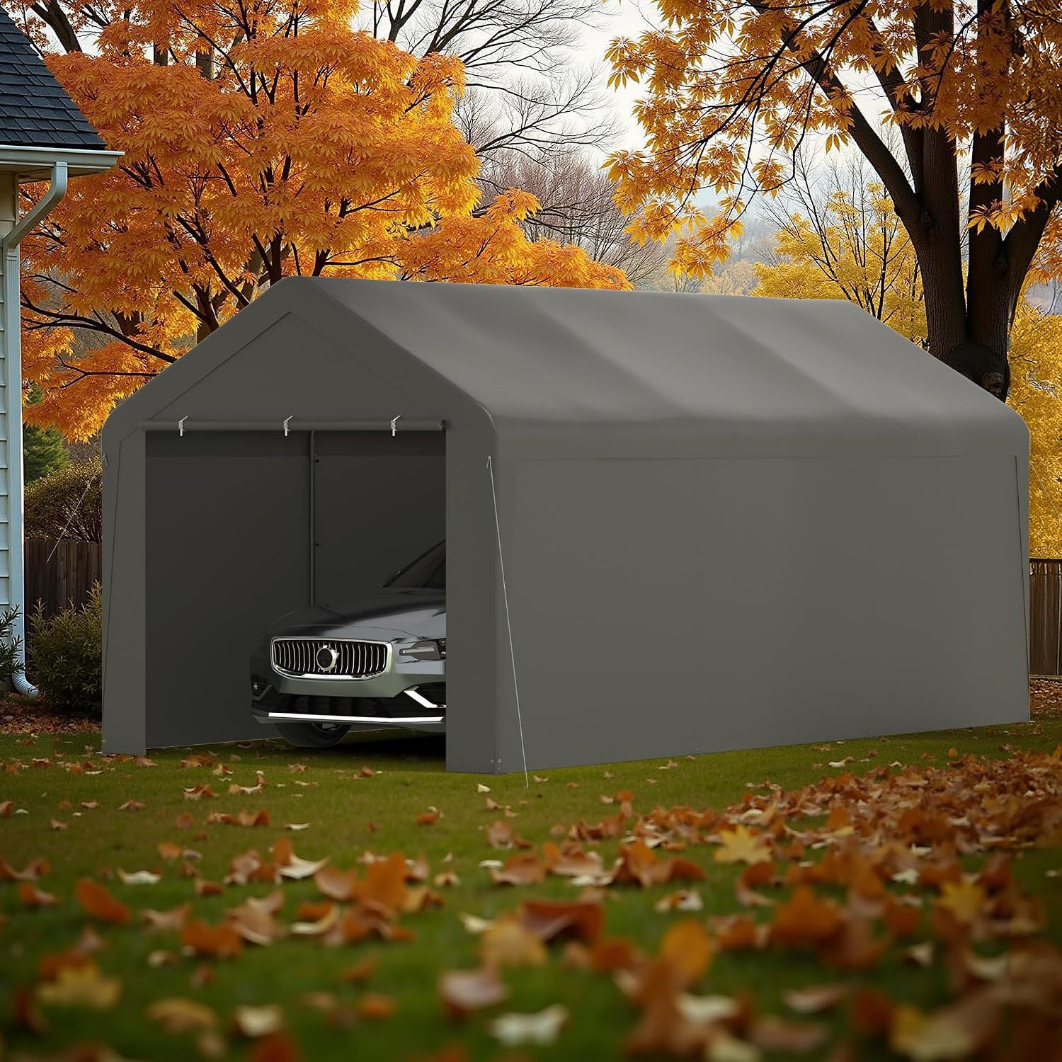 Carport, 10‘ x 20’ Garage Car Canopy w/Removable Sidewall &amp; Doors (Grey)