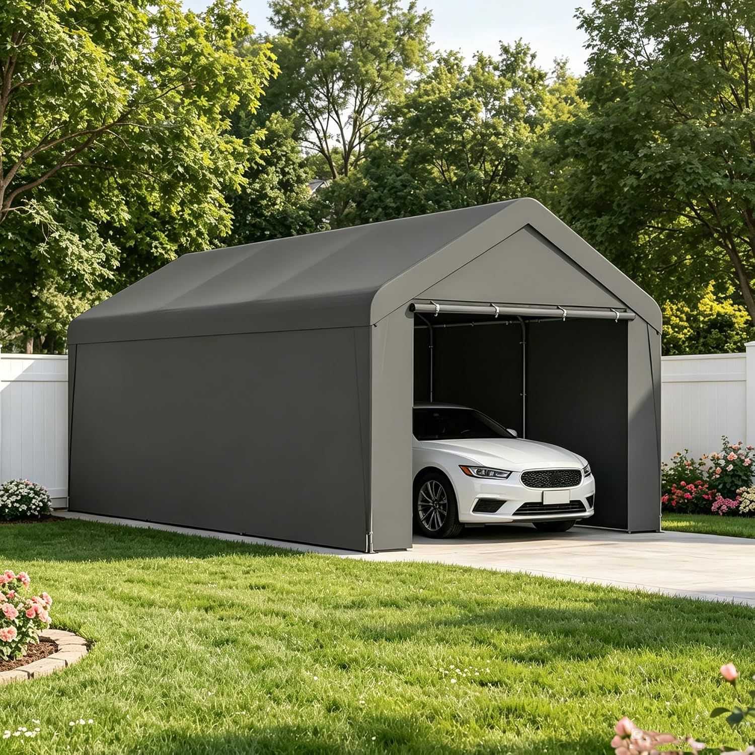 Carport, 10‘ x 20’ Garage Car Canopy w/Removable Sidewall &amp; Doors (Grey)