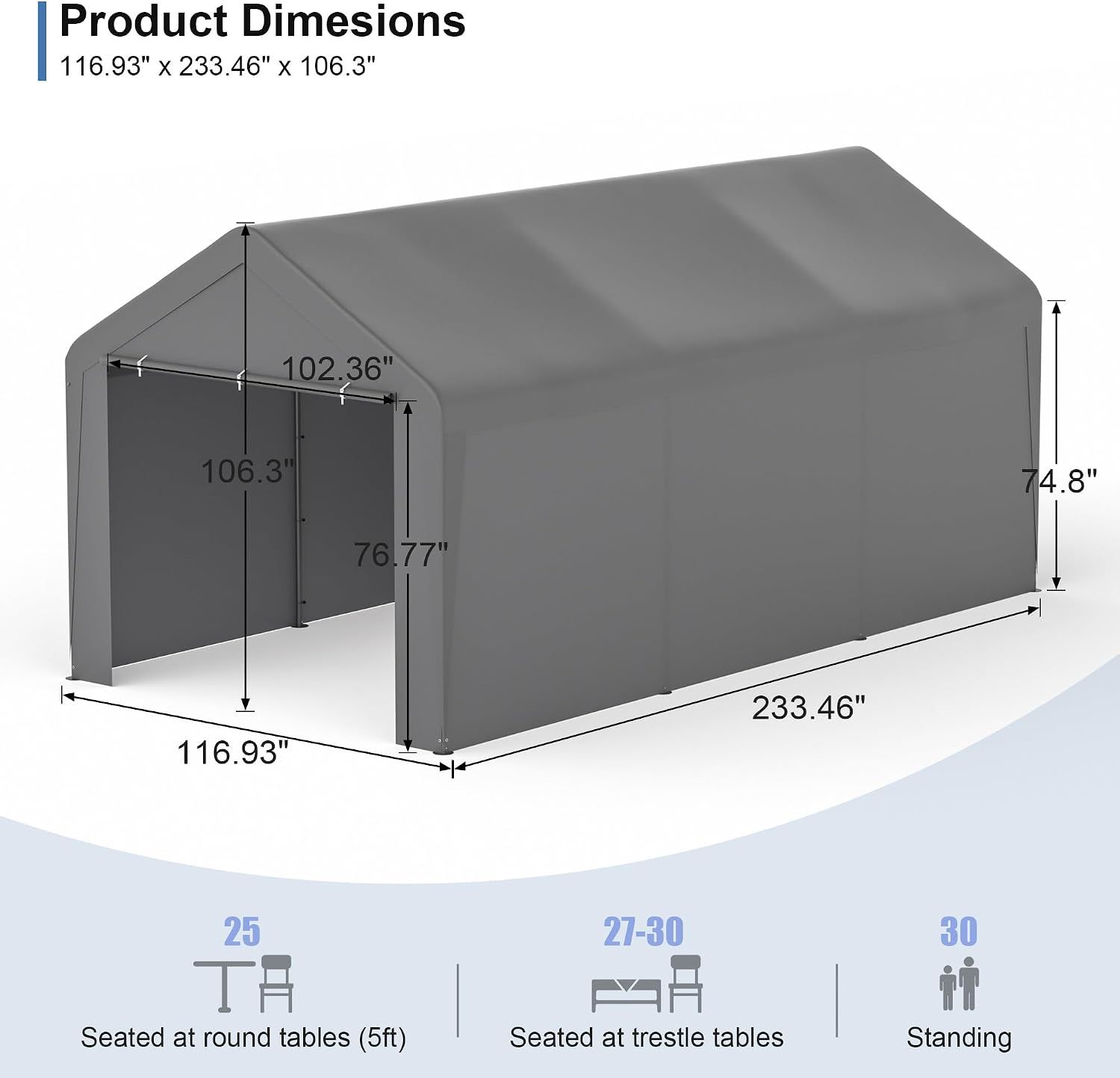 Carport, 10‘ x 20’ Garage Car Canopy w/Removable Sidewall &amp; Doors (Grey)