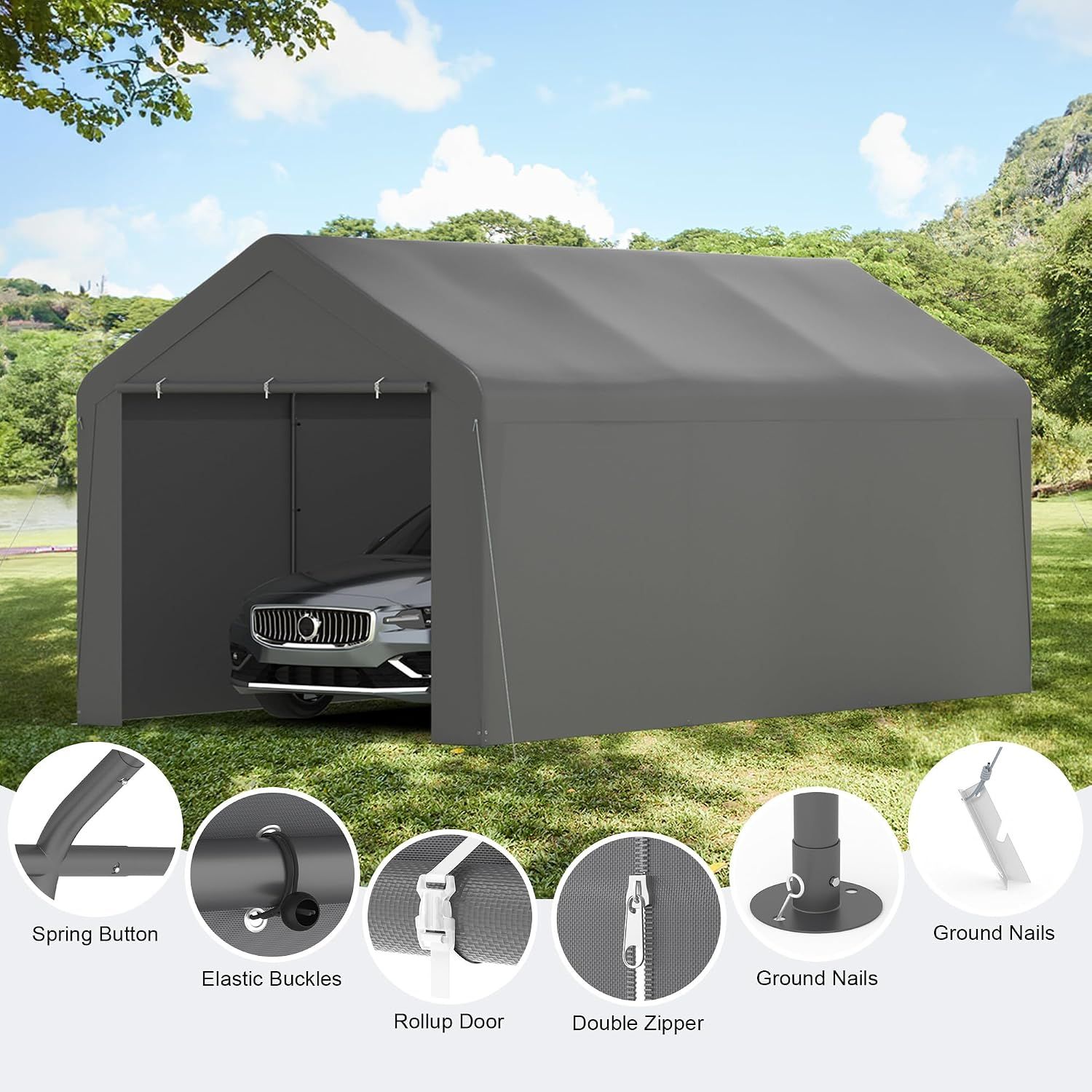 Carport, 10‘ x 20’ Garage Car Canopy w/Removable Sidewall &amp; Doors (Grey)
