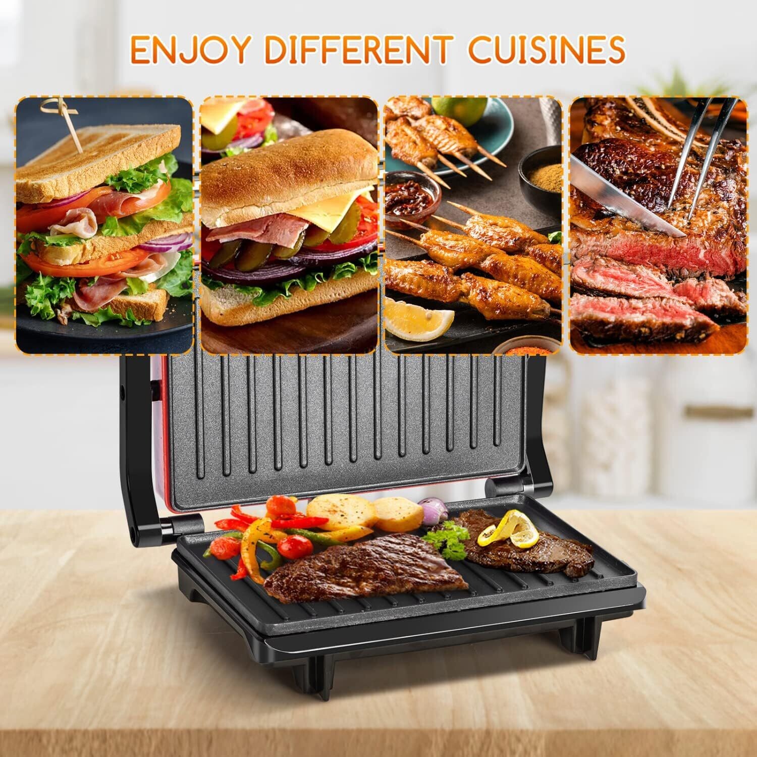 750-2000W Sandwich Toaster Maker - Flat Open Large Grill with Adjustable Temperature Control, Drip Tray, and Stainless Steel Design for Efficient Cooking