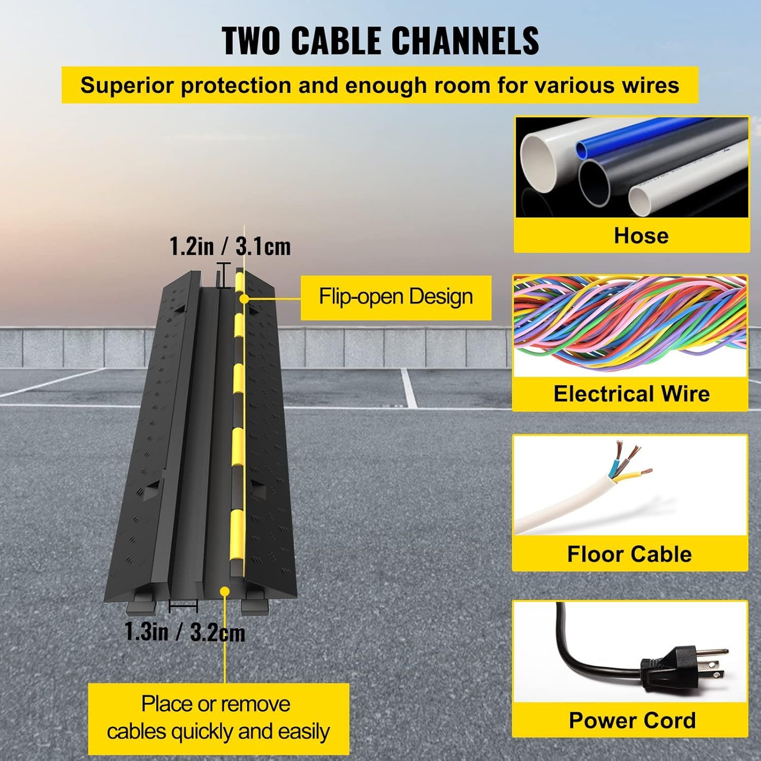 Cable Protector Mat 3 Pack 2 Channel 101 x 25 x 5 cm Override Protection for Cables, Cable Bridge Made of Commercial Thermoplastic Rubber with Modular Design for Parking Lots, Warehouses, Black