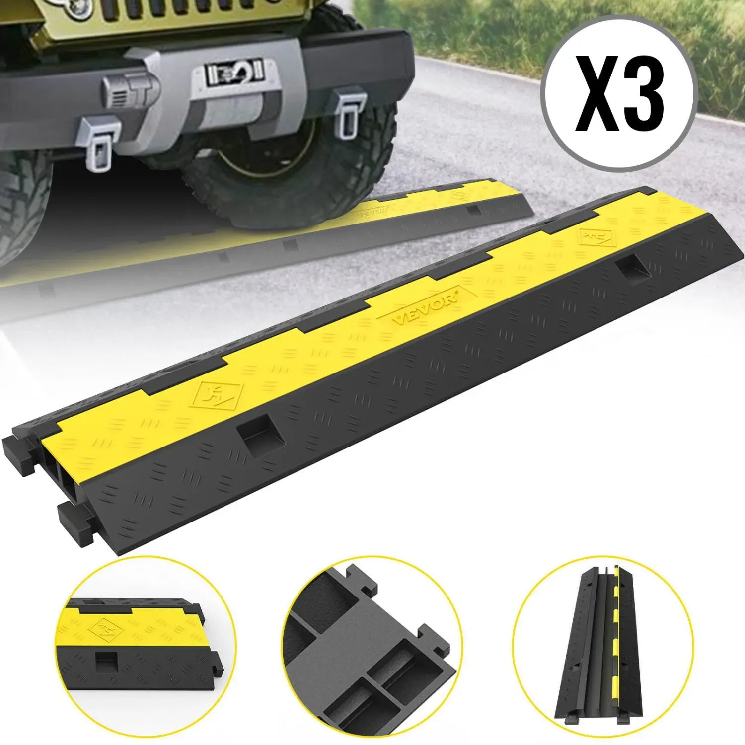 3 Pack Heavy Duty Cable Protector Mat 2 Channel Rubber Cable Ramp 5T Load