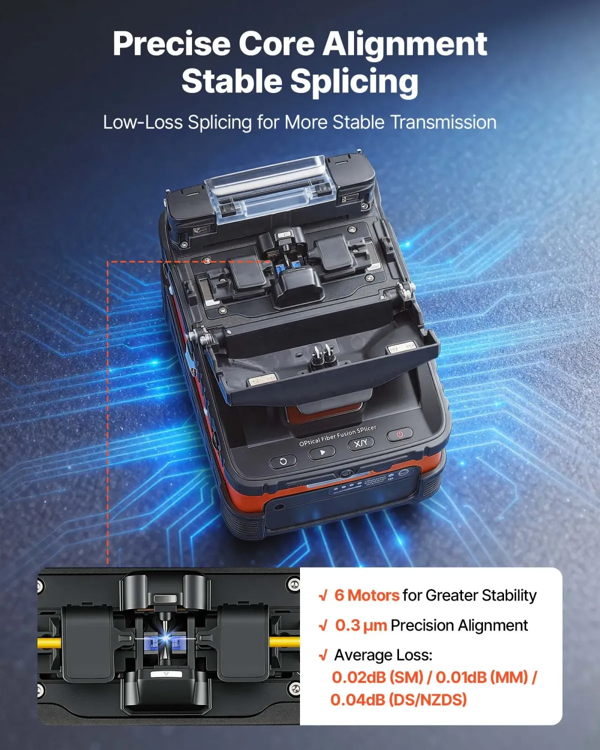 6-Motor Fiber Fusion Splicer, 8s Splicing 18s Heating, Core Alignment, 5" Touchscreen, Bluetooth