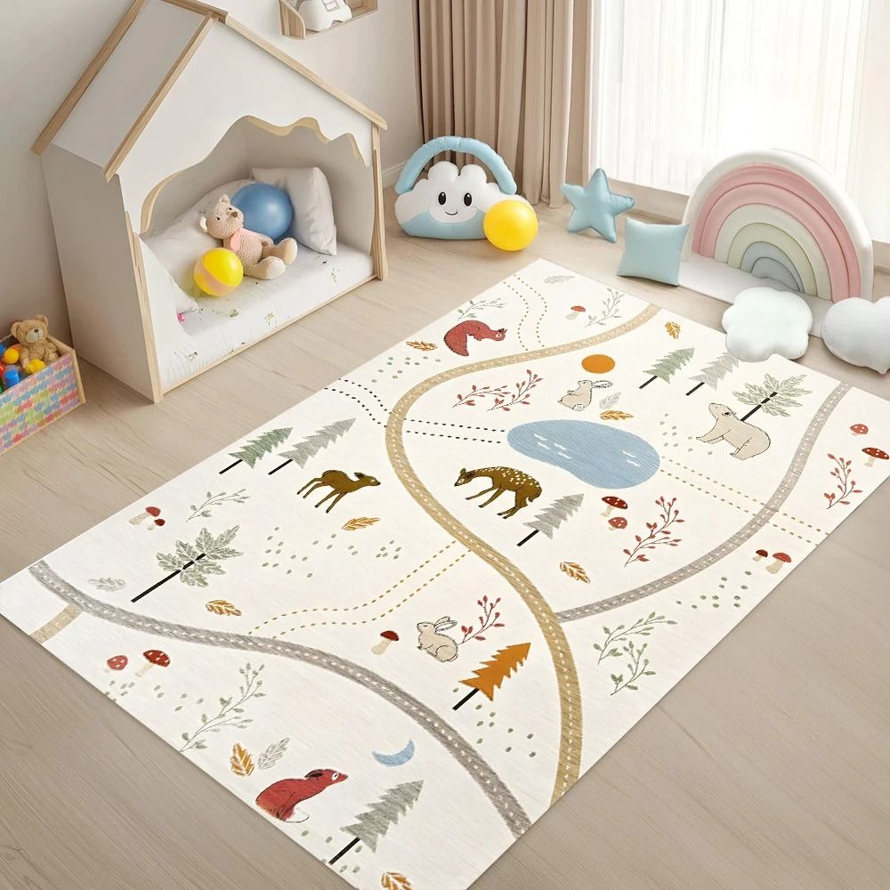 Scandinavian Forest-Themed Kids Play Mat – Interactive Cartoon Animal Traffic Track Carpet