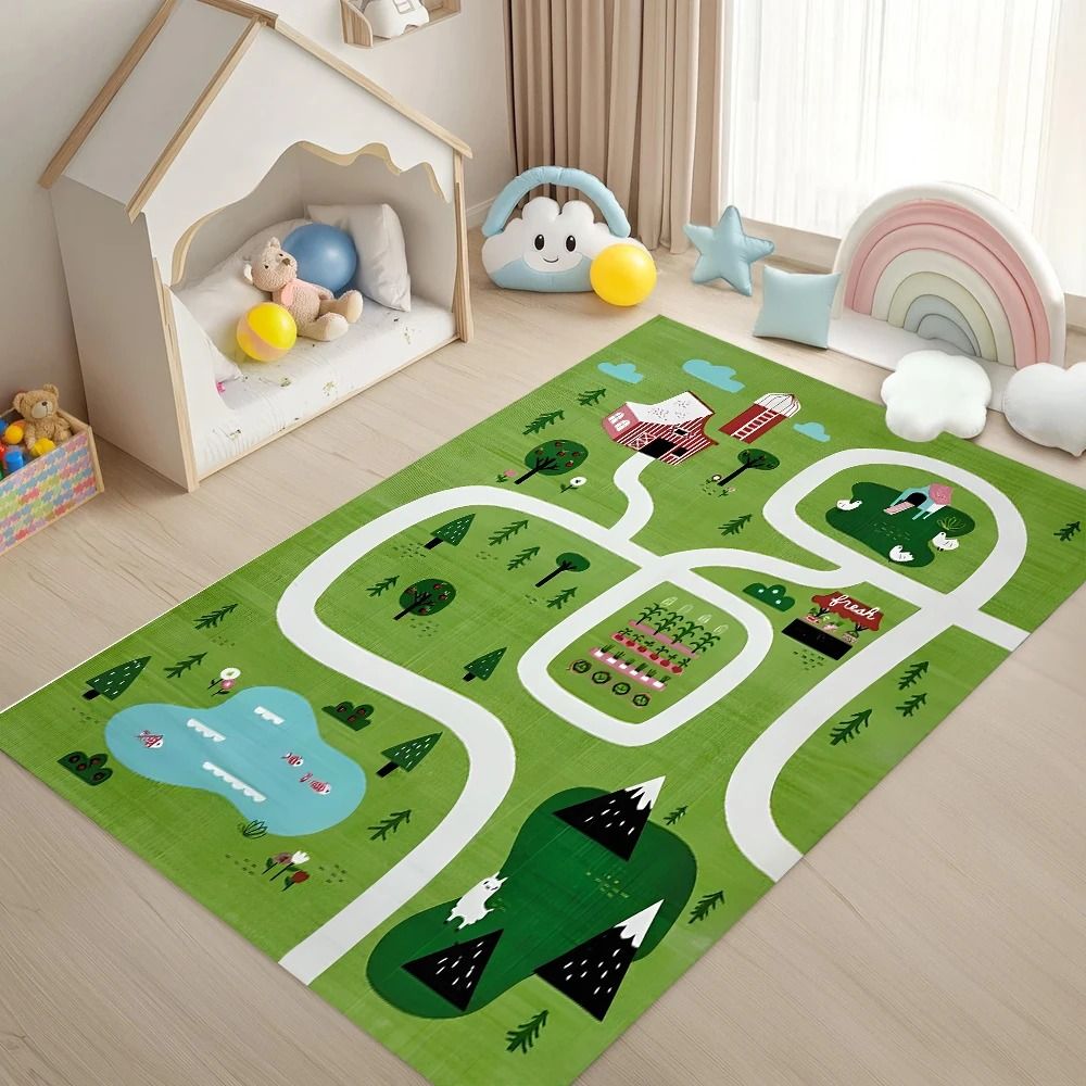 Scandinavian Forest-Themed Kids Play Mat – Interactive Cartoon Animal Traffic Track Carpet