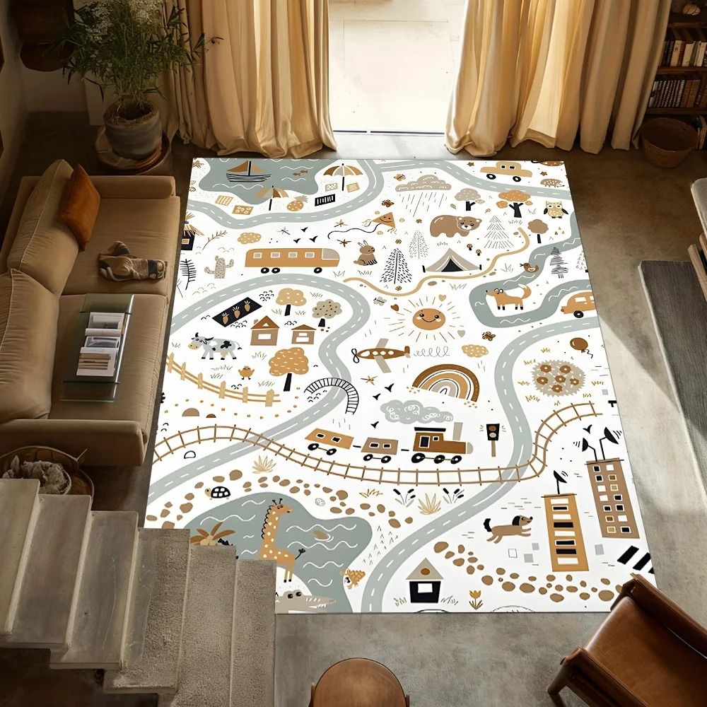 Scandinavian Forest-Themed Kids Play Mat – Interactive Cartoon Animal Traffic Track Carpet