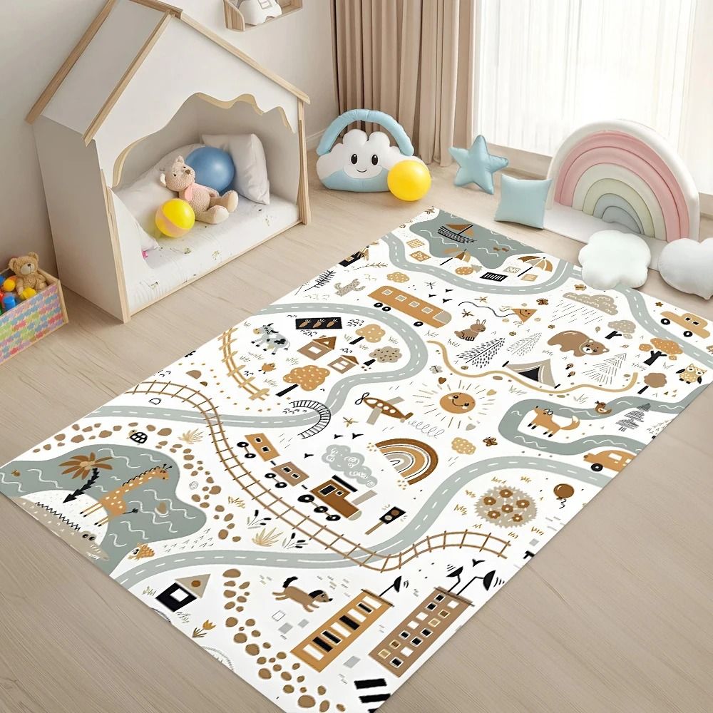 Scandinavian Forest-Themed Kids Play Mat – Interactive Cartoon Animal Traffic Track Carpet