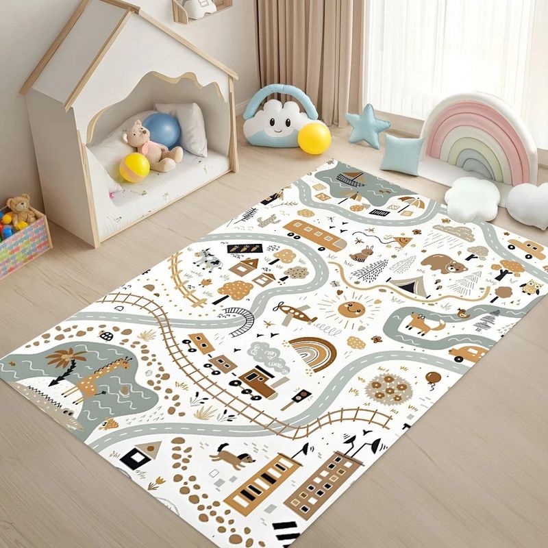 Scandinavian Forest-Themed Kids Play Mat – Interactive Cartoon Animal Traffic Track Carpet