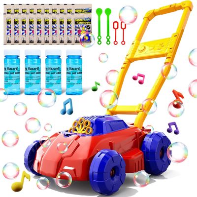 Red and Blue Bubble Lawn Mower for Toddlers, Bubble Makers for Kids, Summer Outdoor Backyard Gardening Toys, Birthday Gifts for Preschool Boys Girls