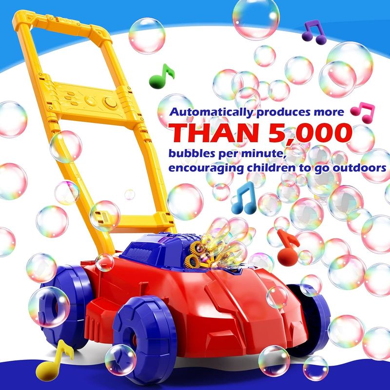 Red and Blue Bubble Lawn Mower for Toddlers, Bubble Makers for Kids, Summer Outdoor Backyard Gardening Toys, Birthday Gifts for Preschool Boys Girls