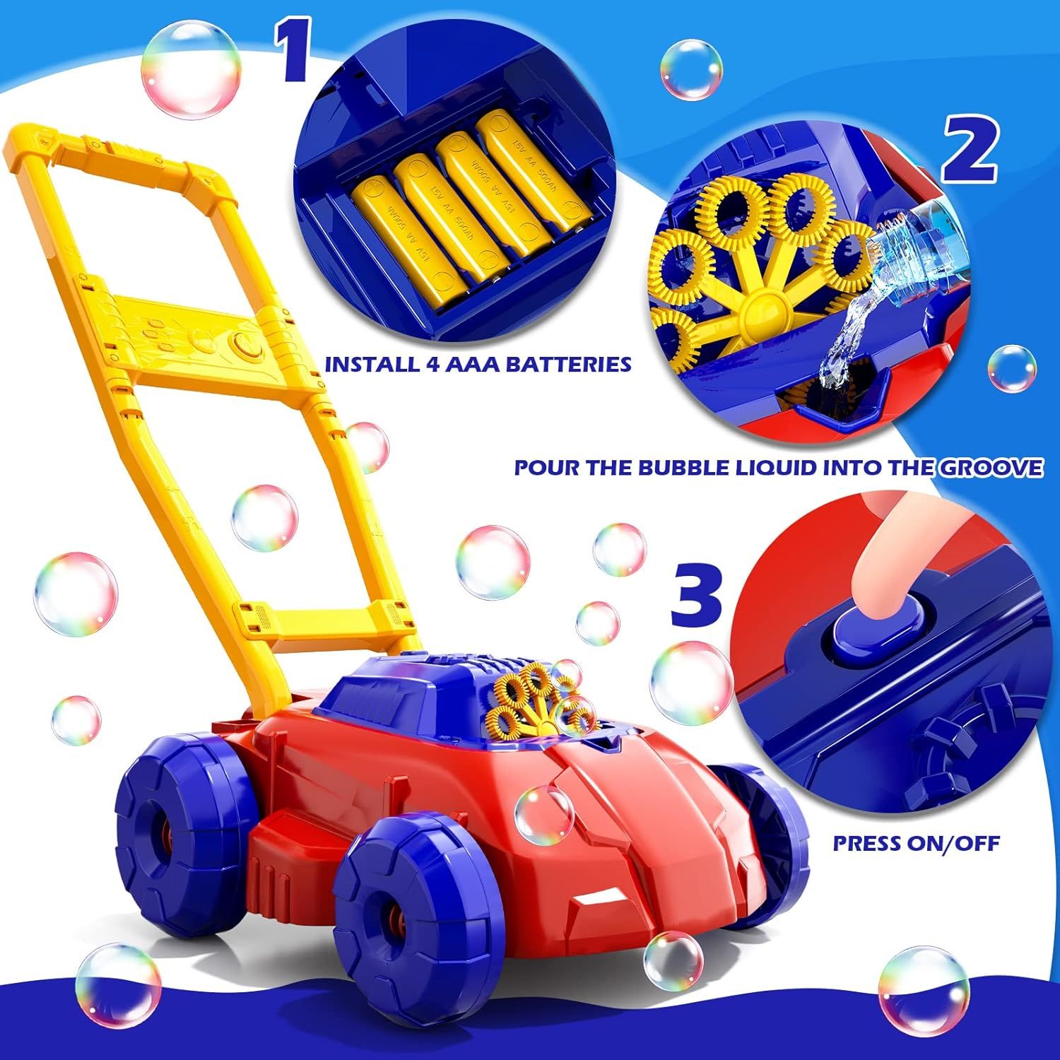 Red and Blue Bubble Lawn Mower for Toddlers, Bubble Makers for Kids, Summer Outdoor Backyard Gardening Toys, Birthday Gifts for Preschool Boys Girls