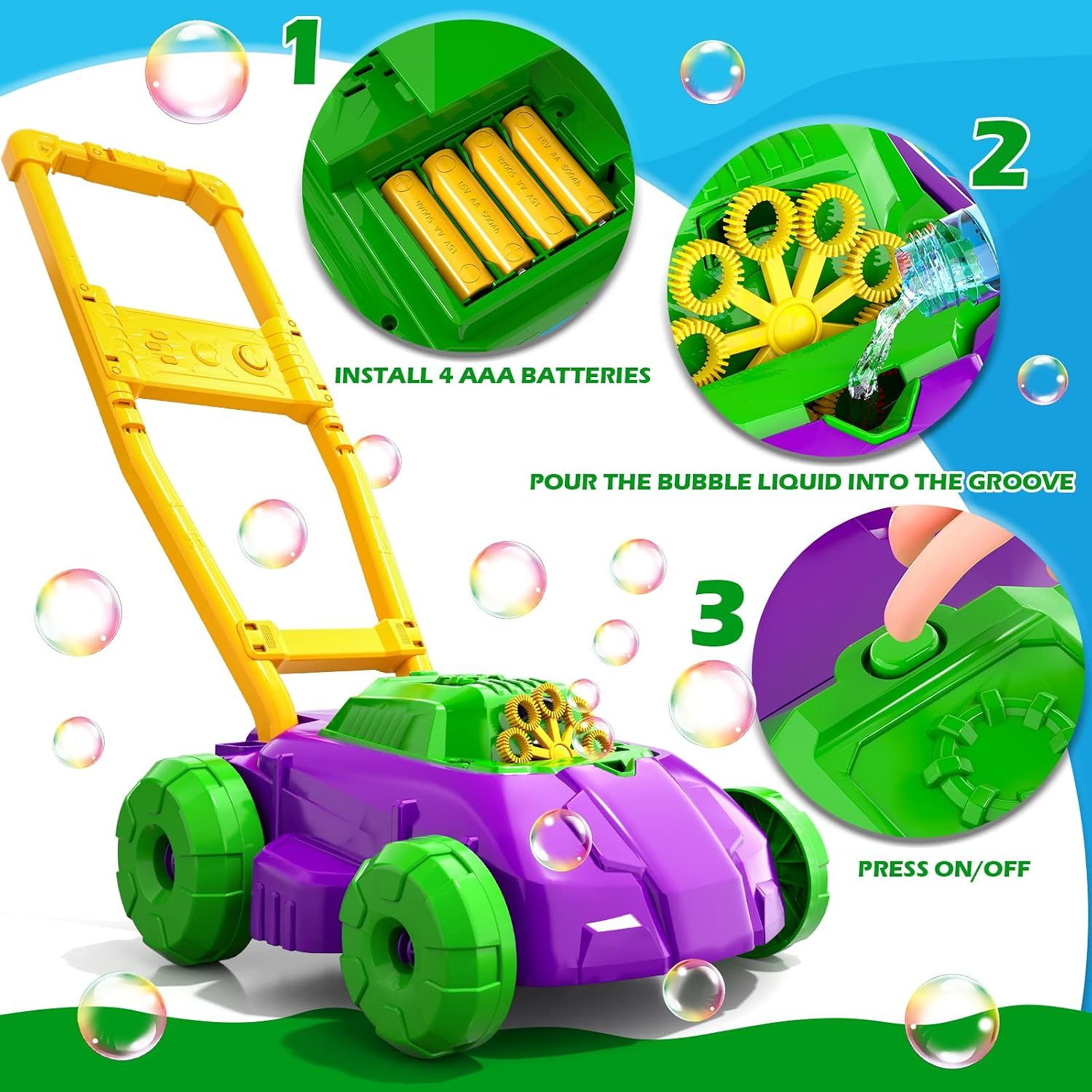 Purple and Green Kids Automatic Bubble Mower Toy – Electric Bubble Machine
