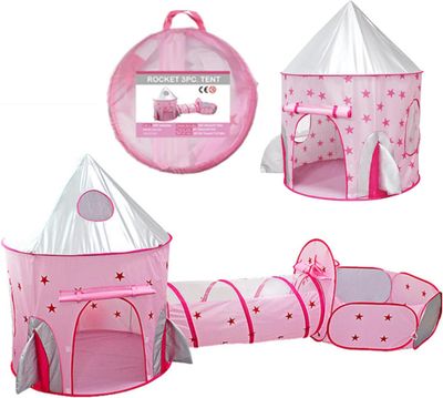 3-in-1 Kids Play Tent with Crawl Tunnel &amp; Ball Pit – Pink Rocket, Foldable with Carry Bag