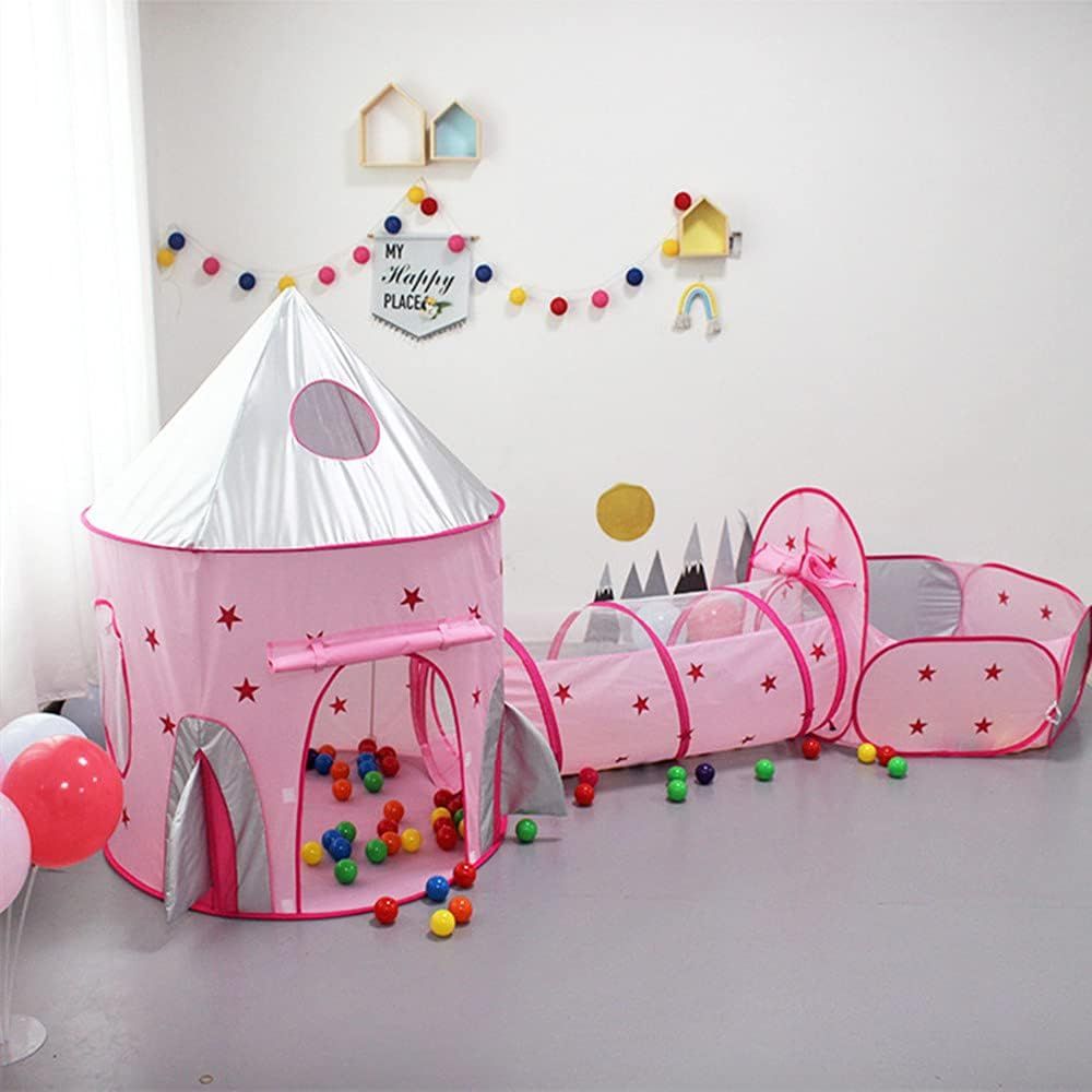 3-in-1 Kids Play Tent with Crawl Tunnel &amp; Ball Pit – Pink Rocket, Foldable with Carry Bag