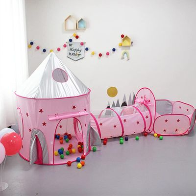 3-in-1 Kids Play Tent with Crawl Tunnel &amp; Ball Pit – Pink Rocket, Foldable with Carry Bag