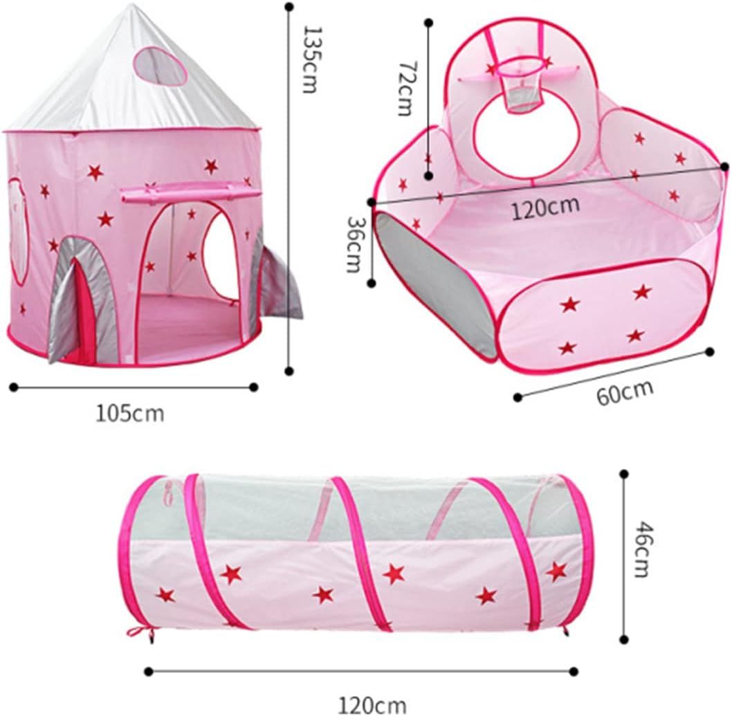 3-in-1 Kids Play Tent with Crawl Tunnel &amp; Ball Pit – Pink Rocket, Foldable with Carry Bag