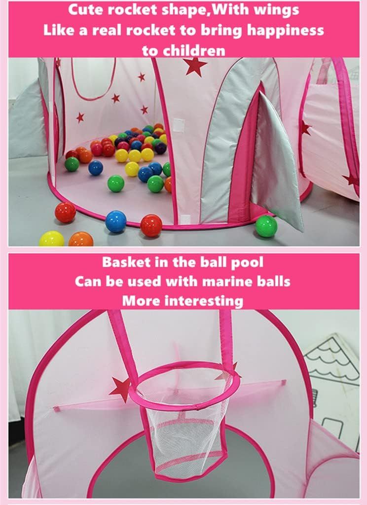3-in-1 Kids Play Tent with Crawl Tunnel &amp; Ball Pit – Pink Rocket, Foldable with Carry Bag