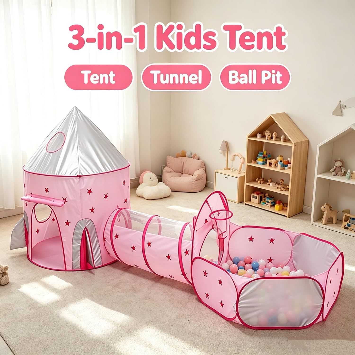 3-in-1 Kids Play Tent with Crawl Tunnel &amp; Ball Pit – Pink Rocket, Foldable with Carry Bag