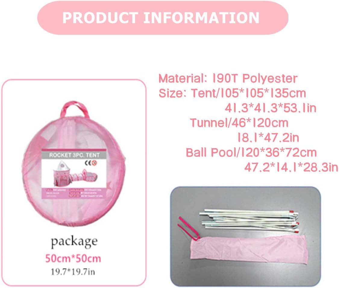 3-in-1 Kids Play Tent with Crawl Tunnel &amp; Ball Pit – Pink Rocket, Foldable with Carry Bag