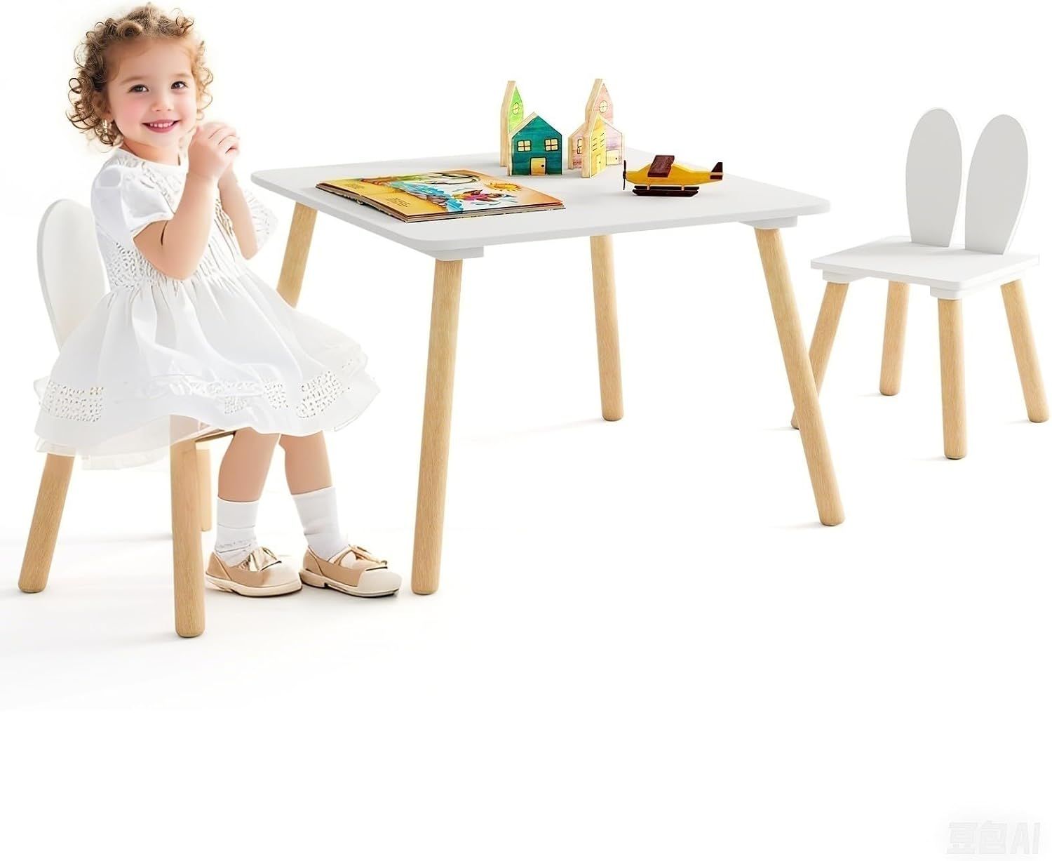 Kids Table &amp; 2 Chair Set, Wooden Activity Desk with Rabbit Ear Chairs, White