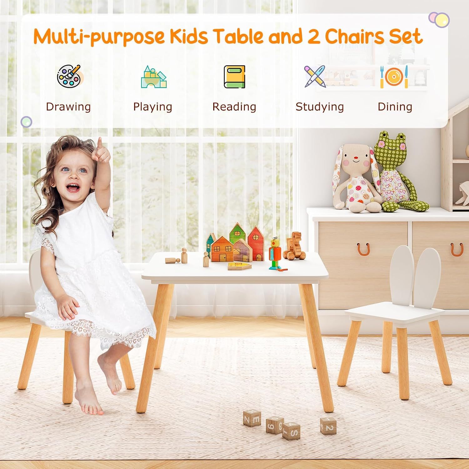 Kids Table &amp; 2 Chair Set, Wooden Activity Desk with Rabbit Ear Chairs, White