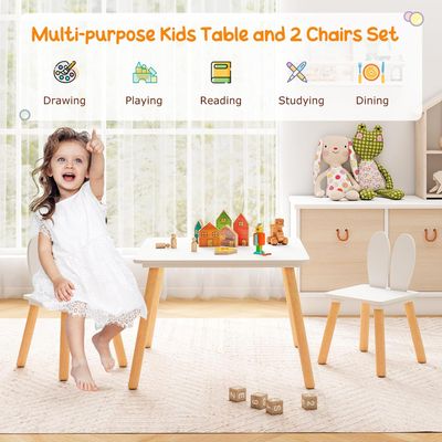 Kids Table &amp; 2 Chair Set, Wooden Activity Desk with Rabbit Ear Chairs, White