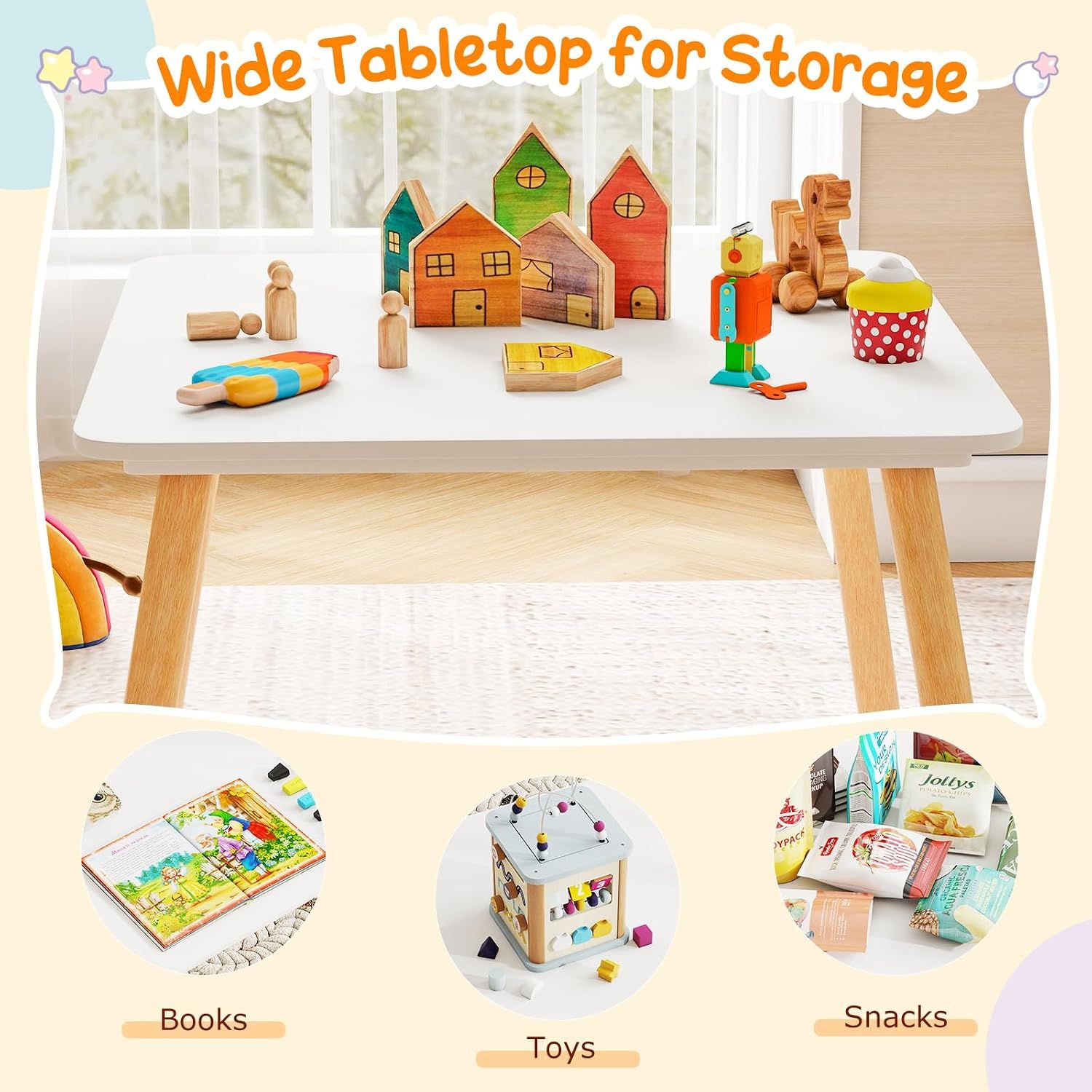 Kids Table &amp; 2 Chair Set, Wooden Activity Desk with Rabbit Ear Chairs, White