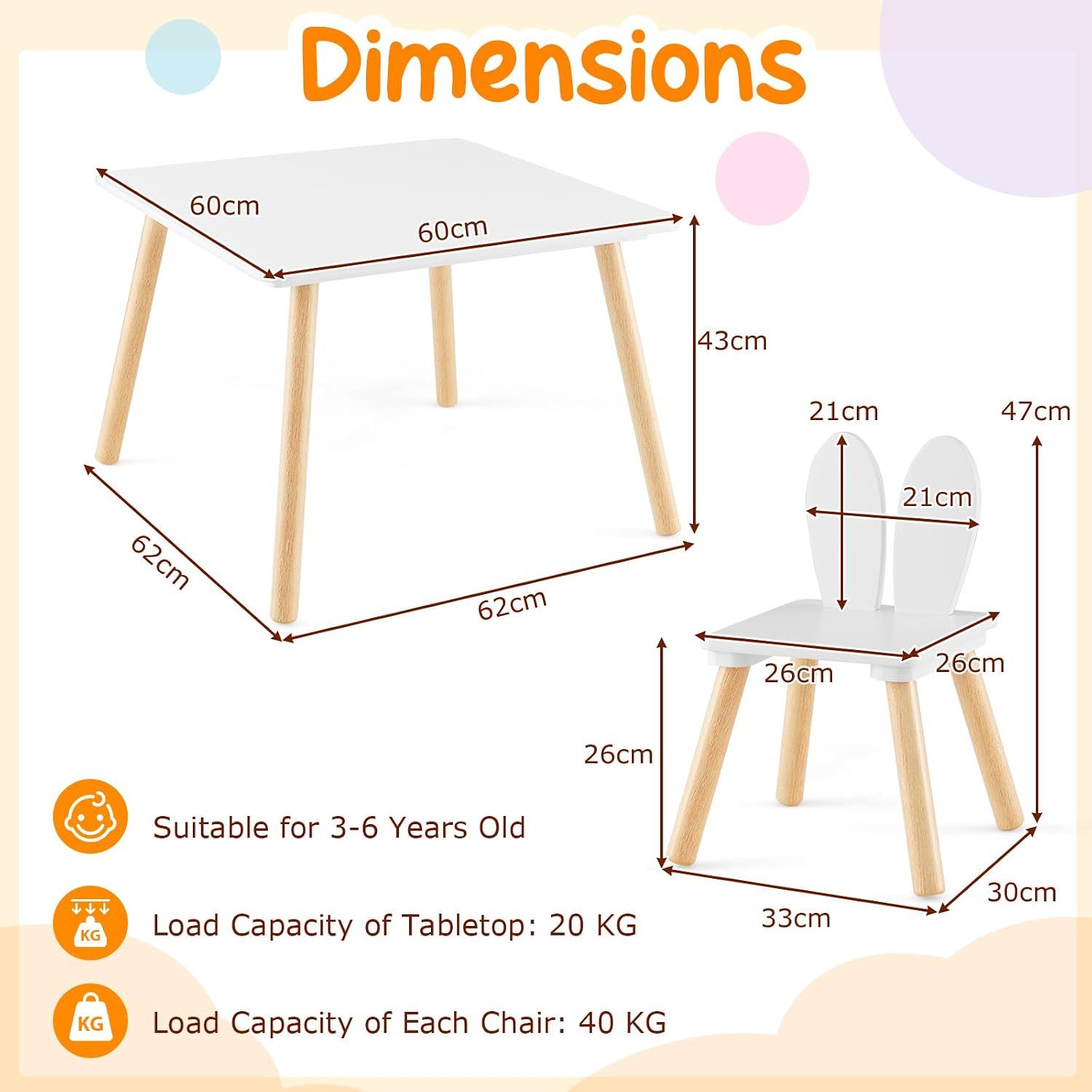 Kids Table &amp; 2 Chair Set, Wooden Activity Desk with Rabbit Ear Chairs, White