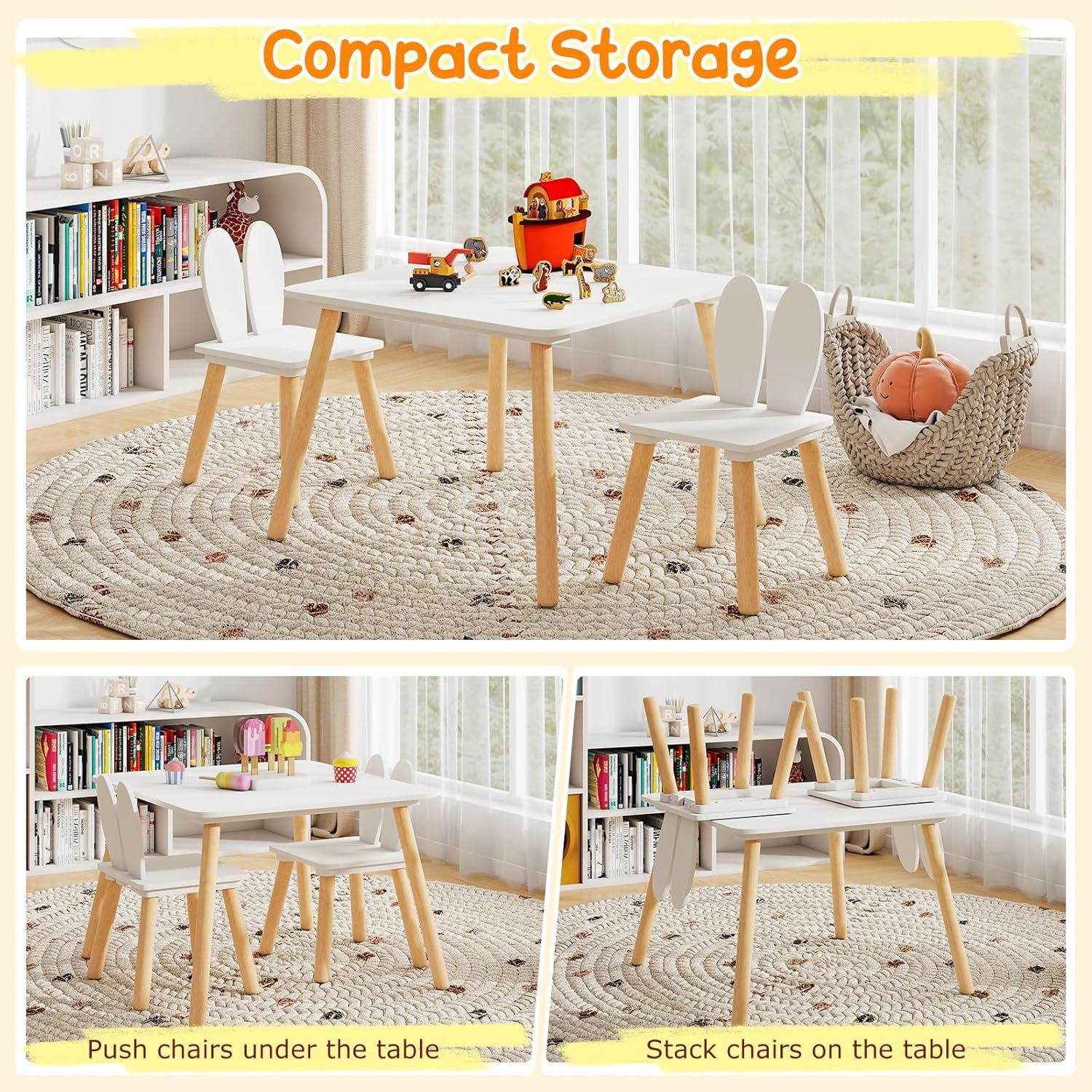 Kids Table &amp; 2 Chair Set, Wooden Activity Desk with Rabbit Ear Chairs, White