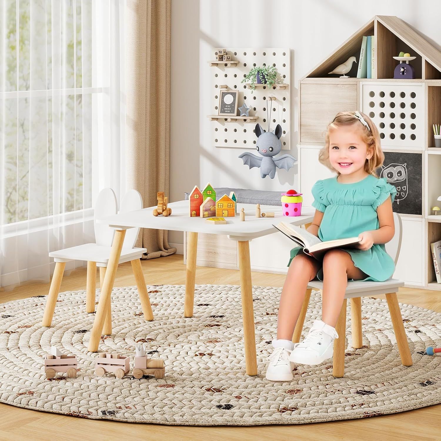 Kids Table &amp; 2 Chair Set, Wooden Activity Desk with Rabbit Ear Chairs, White