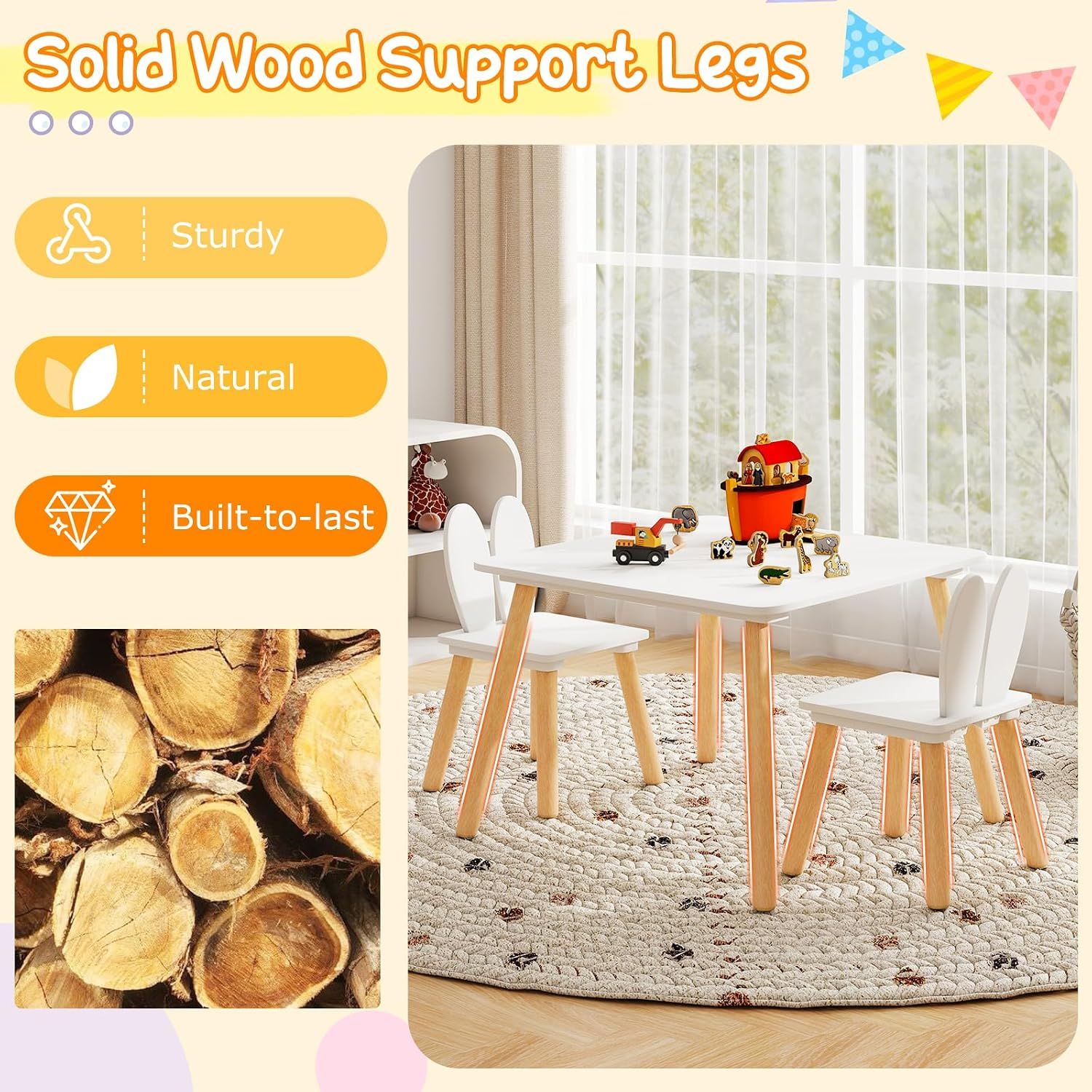 Kids Table &amp; 2 Chair Set, Wooden Activity Desk with Rabbit Ear Chairs, White