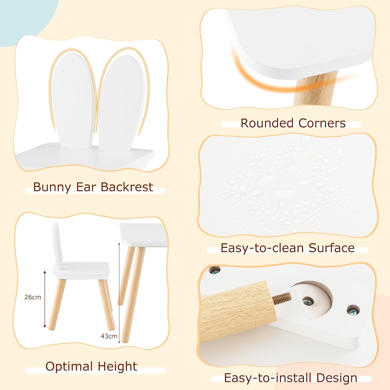 Kids Table &amp; 2 Chair Set, Wooden Activity Desk with Rabbit Ear Chairs, White